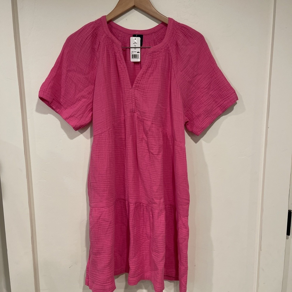 GAP‎ Dress Women's Sz M Pink Crinkle Gauze Tiered Mini Cotton casual cozy - Picture 2 of 7